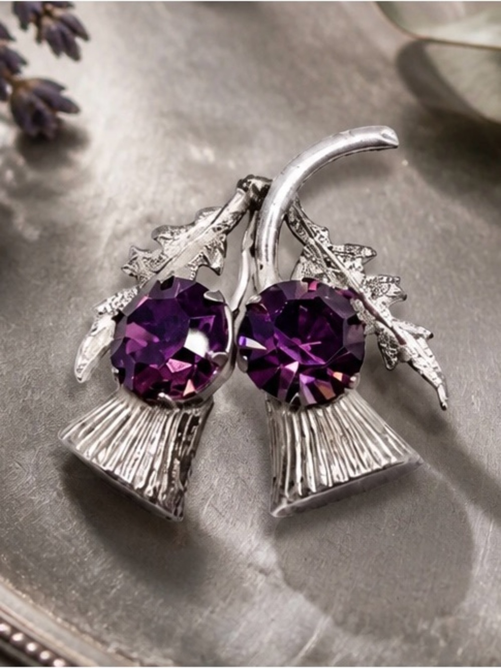 Vintage Scottish Thistle Brooch with purple glass stones signed W BS